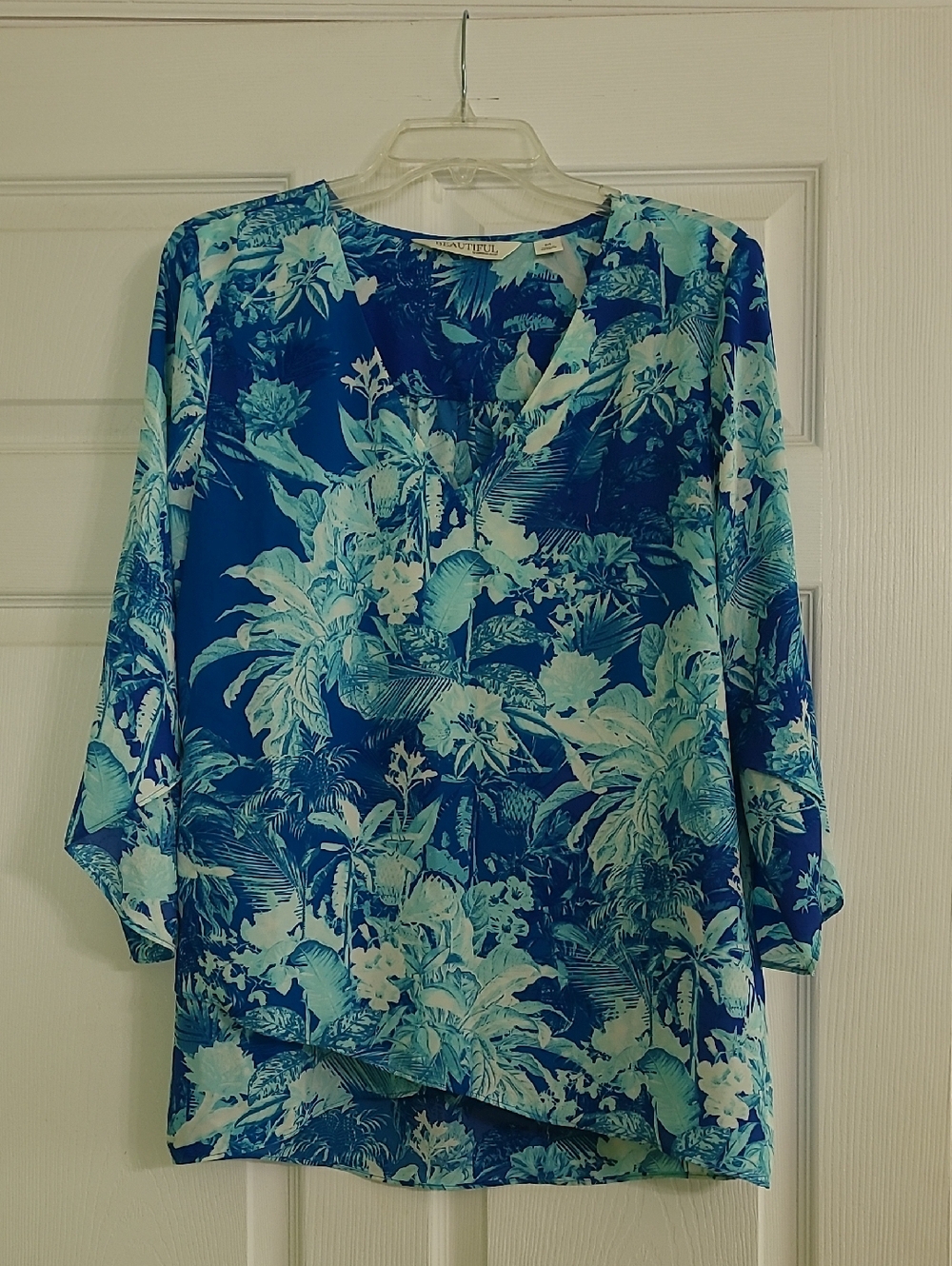Beautiful By Lawrence Zorian Ladies' Floral V-Neck Blouse - Blue Tropical Print